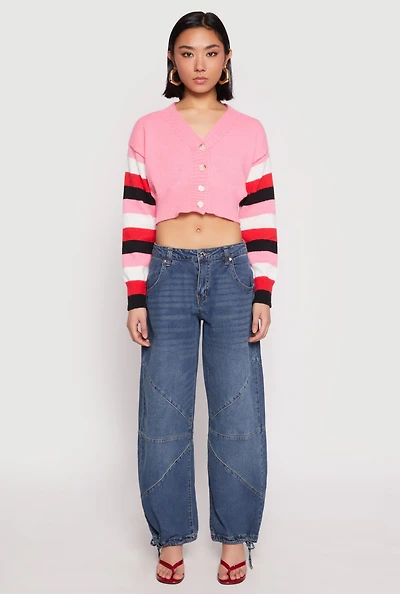 Womens Daisy Striped Sleeve Cropped Cardigan, Pink, Size L