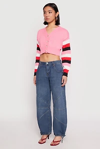 Womens Daisy Striped Sleeve Cropped Cardigan, Pink, Size L