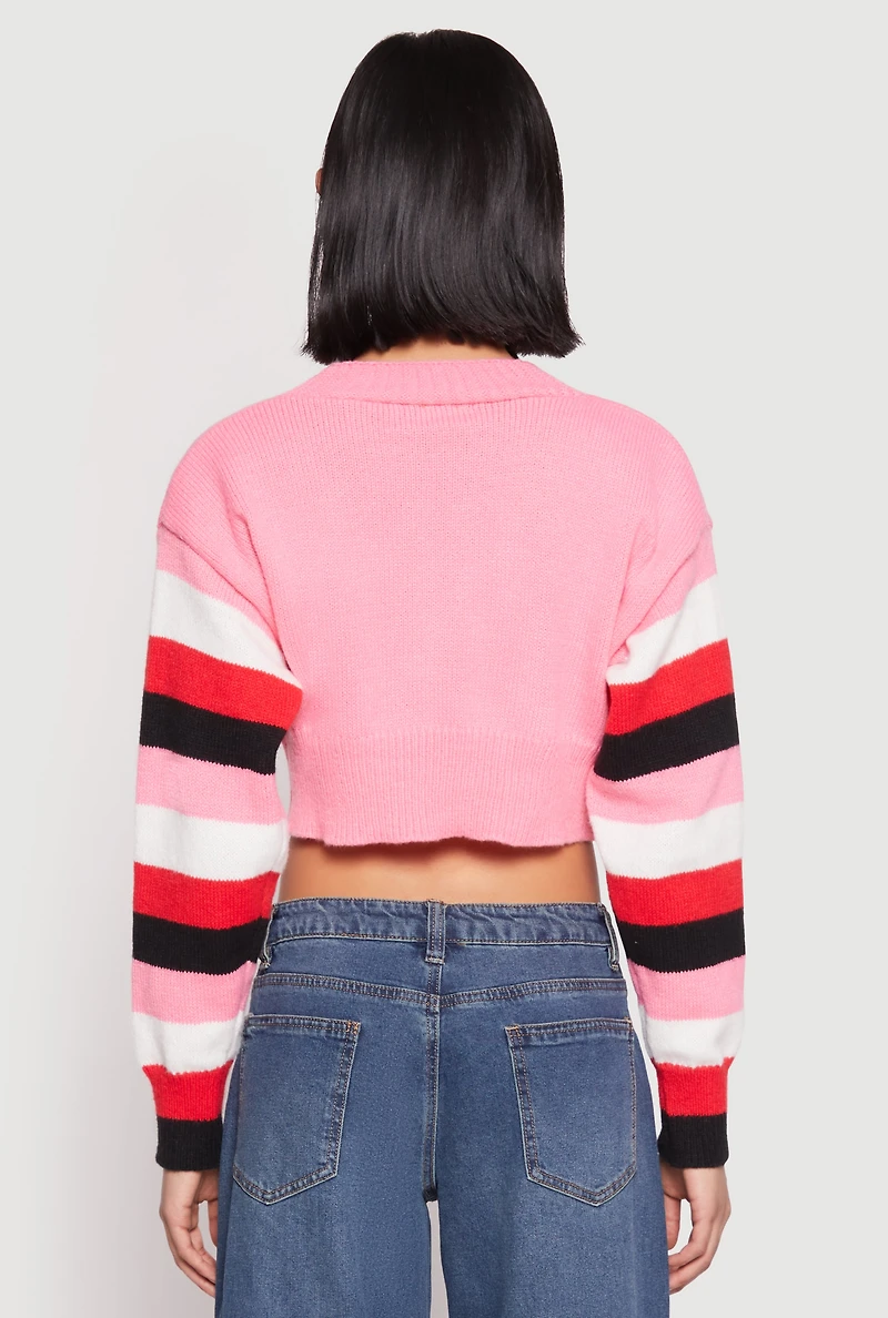 Womens Daisy Striped Sleeve Cropped Cardigan, Pink, Size L