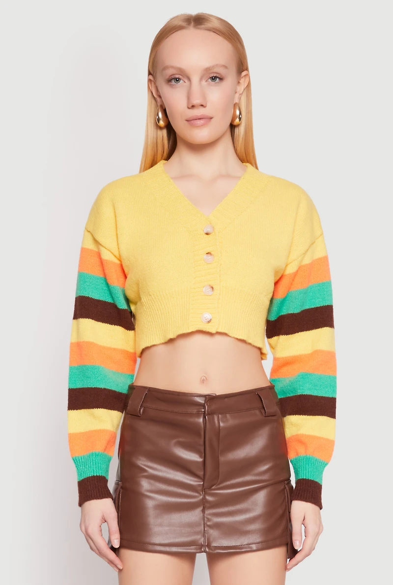 Womens Daisy Striped Sleeve Cropped Cardigan, Yellow, Size S