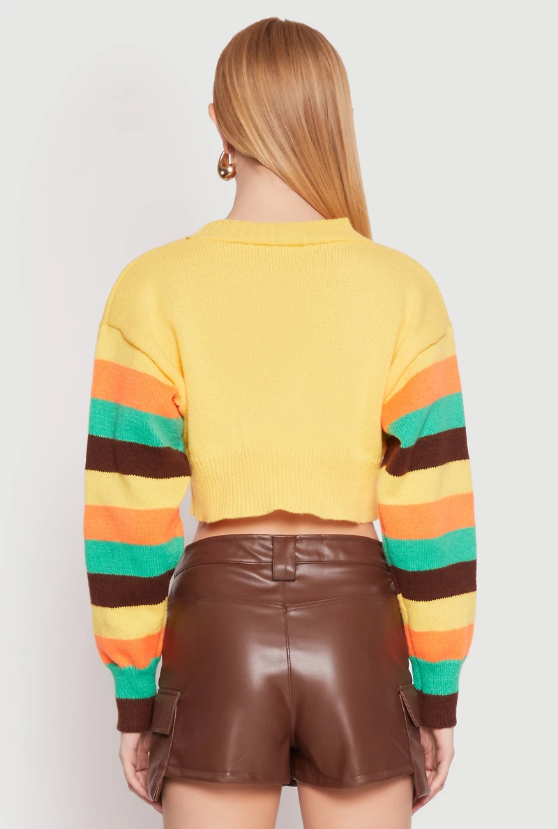 Womens Daisy Striped Sleeve Cropped Cardigan, Yellow, Size S