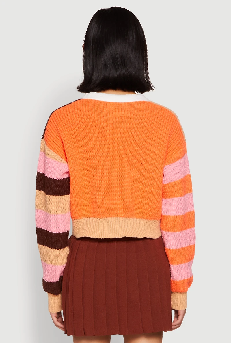 Daisy Chenille Patch Color Blocked Cropped Cardigan