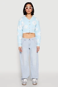 Womens Daisy Chenille Floral Cropped Cardigan, Blue,