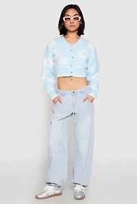 Womens Daisy Chenille Floral Cropped Cardigan, Blue,