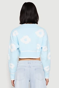 Womens Daisy Chenille Floral Cropped Cardigan, Blue,