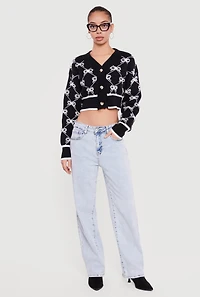 Bow Print Cropped Button Front Cardigan
