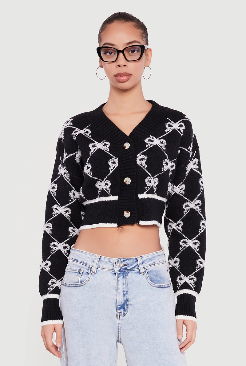 Bow Print Cropped Button Front Cardigan