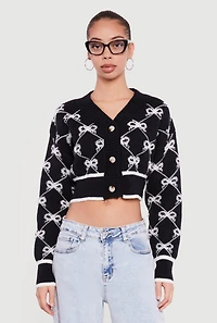 Bow Print Cropped Button Front Cardigan