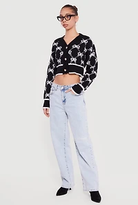 Bow Print Cropped Button Front Cardigan