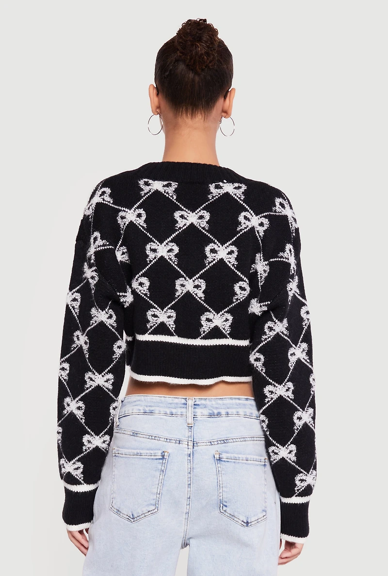 Bow Print Cropped Button Front Cardigan