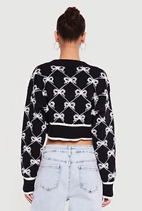 Bow Print Cropped Button Front Cardigan