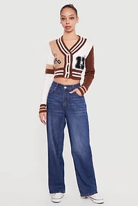 13 Graphic Patch Varsity Cropped Cardigan