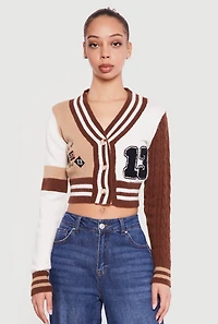 13 Graphic Patch Varsity Cropped Cardigan