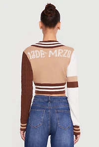 13 Graphic Patch Varsity Cropped Cardigan