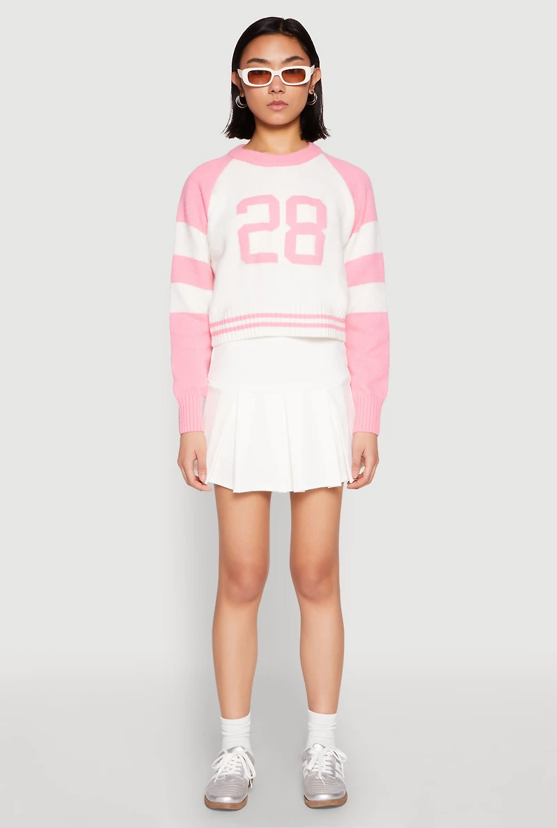 Womens Daisy 28 Varsity Stripe Graphic Sweater, Pink, Size L
