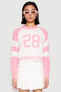 Womens Daisy 28 Varsity Stripe Graphic Sweater, Pink, Size L