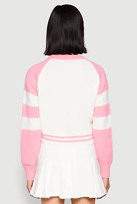 Womens Daisy 28 Varsity Stripe Graphic Sweater, Pink, Size L
