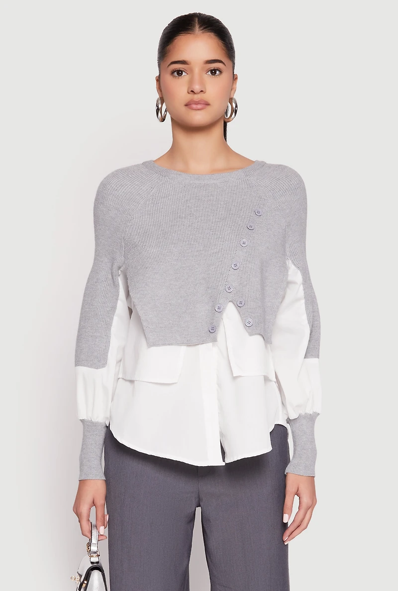 Womens Daisy Asymmetrical Knit Layered Look Top, Grey, Size S