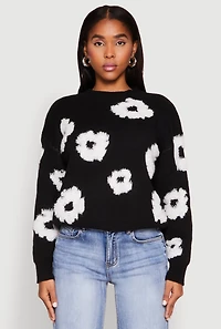 Womens Daisy Flower Tufted Knit Sweater, Black, Size S
