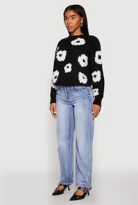 Womens Daisy Flower Tufted Knit Sweater,