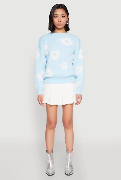 Womens Daisy Flower Tufted Knit Sweater,