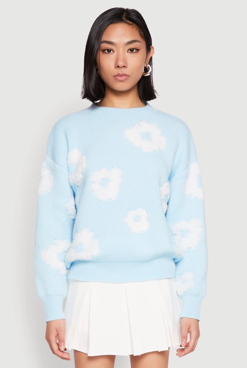 Womens Daisy Flower Tufted Knit Sweater, L