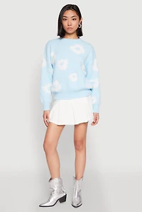 Womens Daisy Flower Tufted Knit Sweater, Blue, Size L