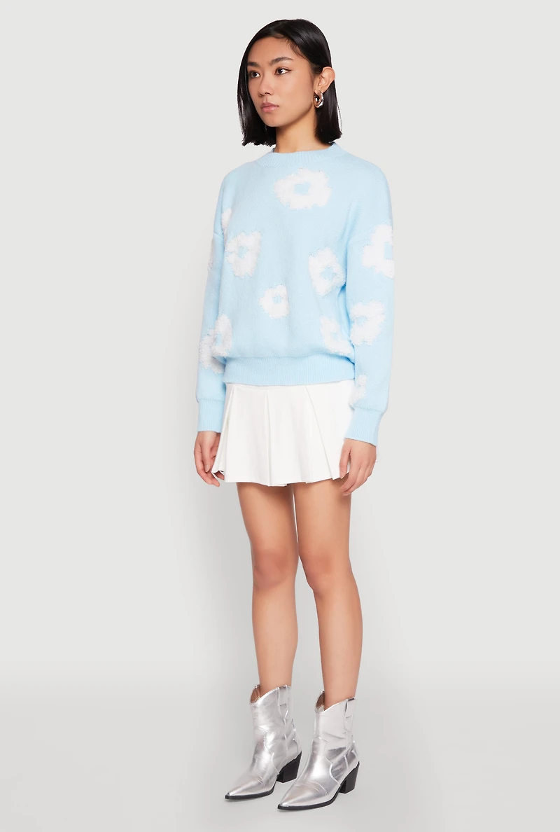 Womens Daisy Flower Tufted Knit Sweater, L