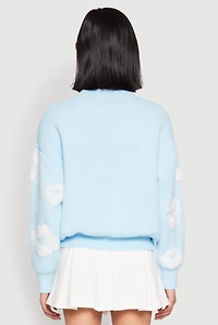 Womens Daisy Flower Tufted Knit Sweater, Blue, Size L