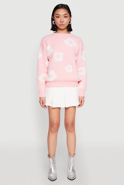 Womens Daisy Flower Tufted Knit Sweater,