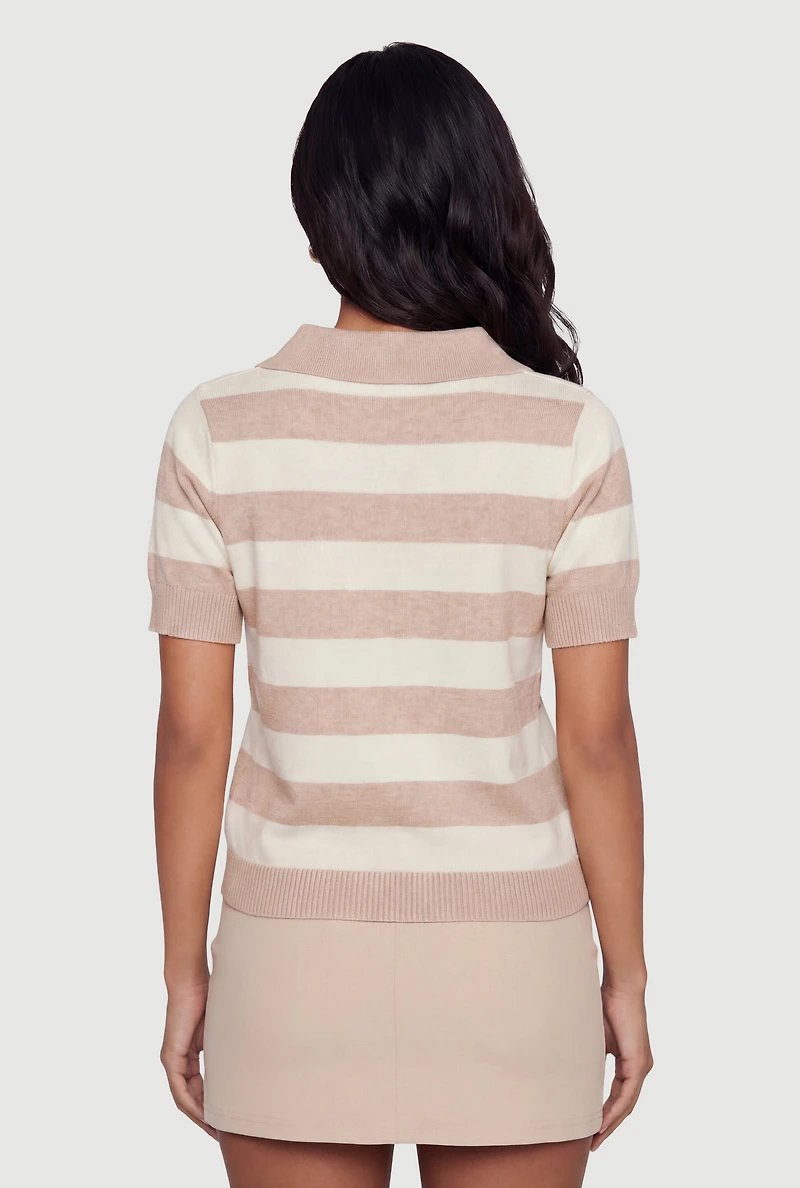 Striped Short Sleeve Polo Sweater