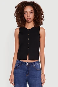 Womens Metallic Button Front Cropped Blazer Vest, Black,