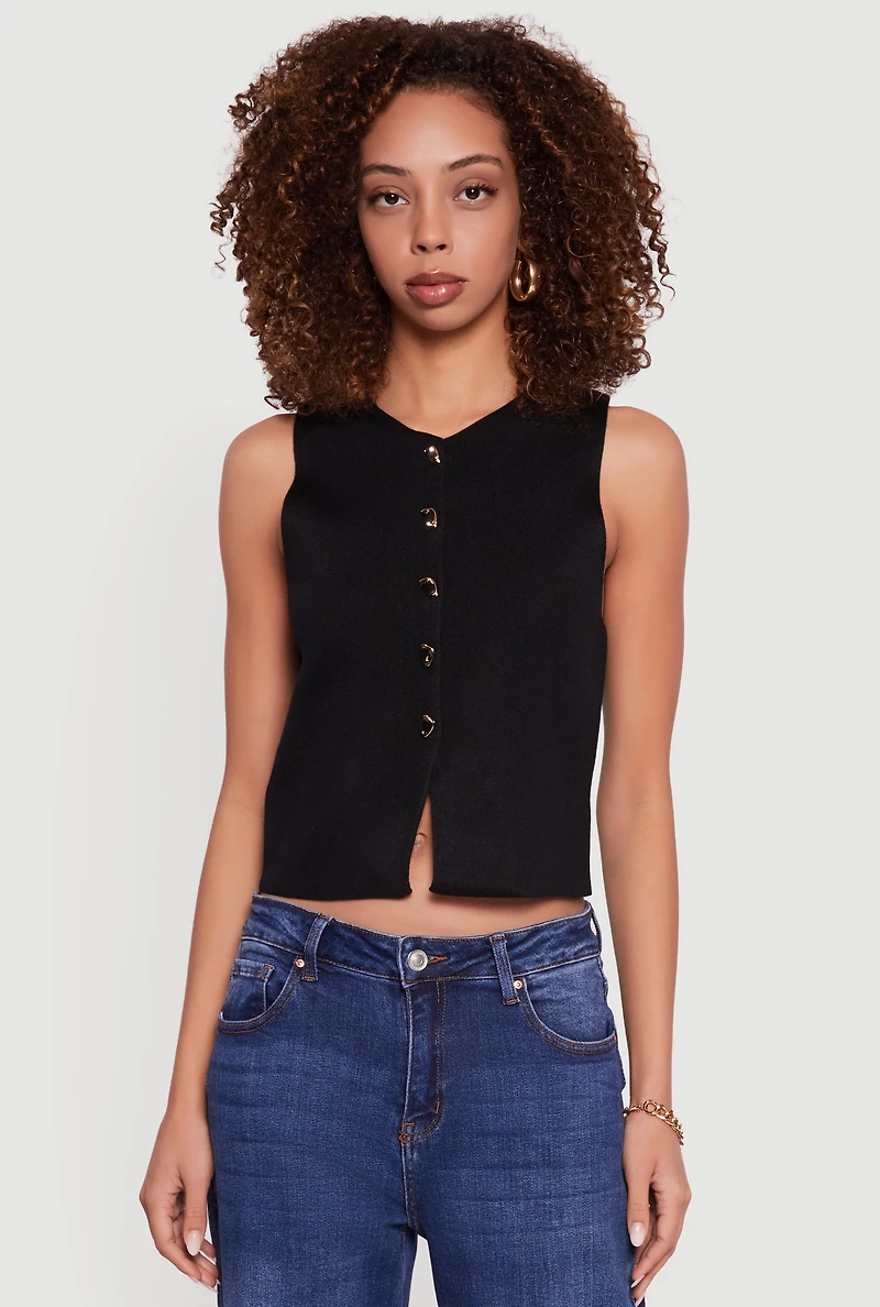 Metallic Button Front Cropped Blazer Vest