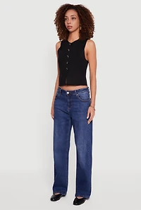 Womens Metallic Button Front Cropped Blazer Vest, Black,