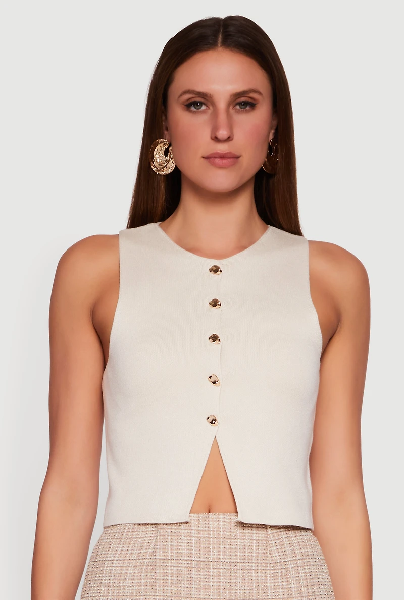 Womens Metallic Button Front Cropped Blazer Vest, M