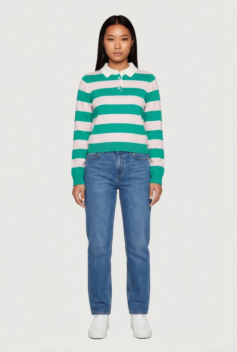 Striped Long Sleeve Polo Sweater