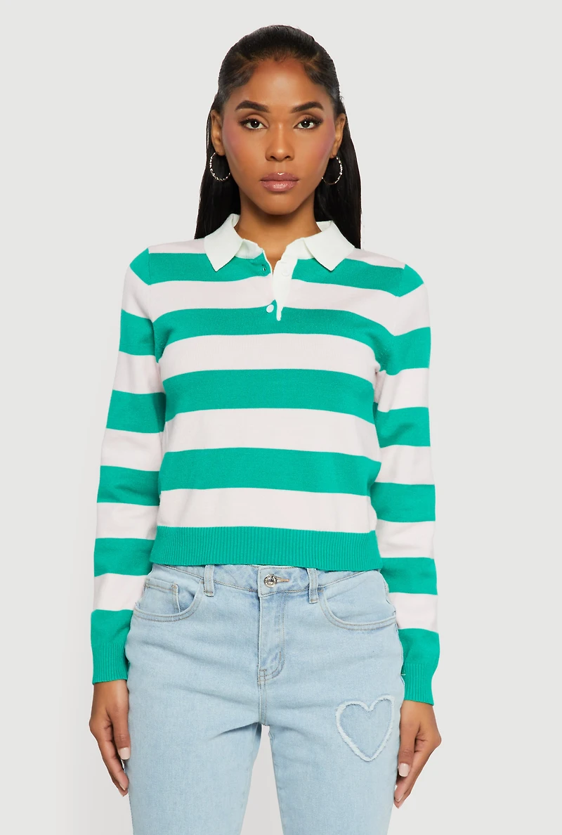 Womens Striped Long Sleeve Polo Sweater,