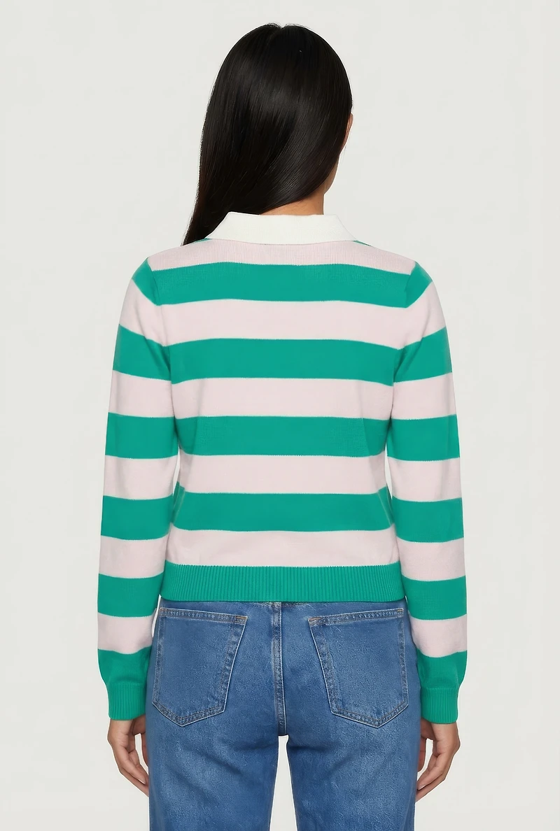 Striped Long Sleeve Polo Sweater