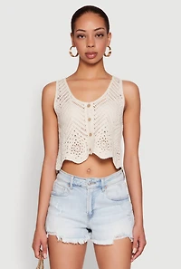 Womens Chevron Crochet Vest, Beige, Size M