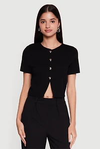 Metallic Button Front Short Sleeve Sweater