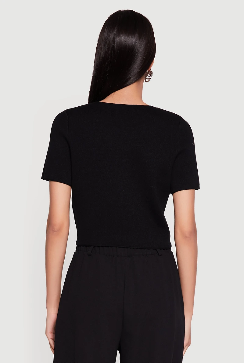 Metallic Button Front Short Sleeve Sweater