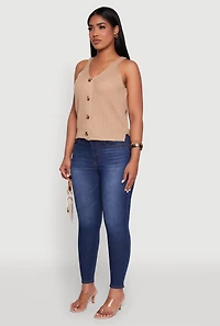 Womens Chic Knit V Neck Button Front Sleeveless Sweater Vest, Beige, Size S