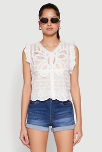 Womens Scallop Trim Crochet Shirt, White, Size L
