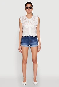 Womens Scallop Trim Crochet Shirt, White, Size M