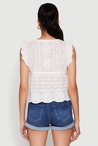 Womens Scallop Trim Crochet Shirt, White, Size M