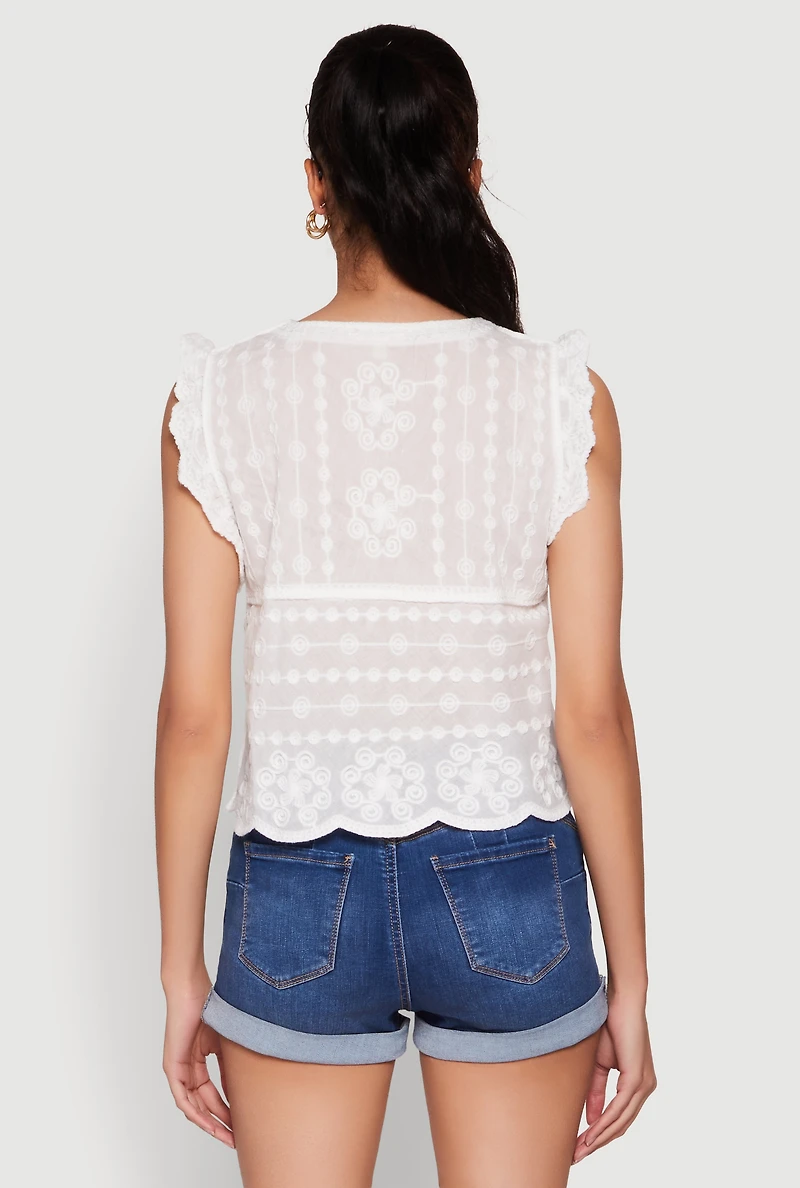 Womens Scallop Trim Crochet Shirt, White,