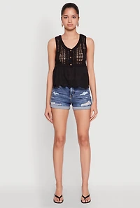 Womens Crochet Eyelet Half Button Tank Top, Black, Size L