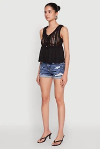Womens Crochet Eyelet Half Button Tank Top, Black, Size S