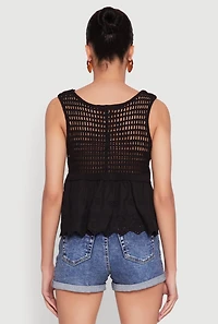 Womens Crochet Eyelet Half Button Tank Top, Black, Size S