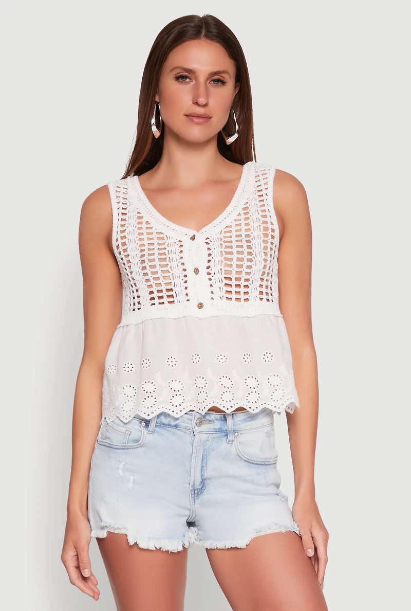 Womens Crochet Eyelet Half Button Tank Top, White, Size S